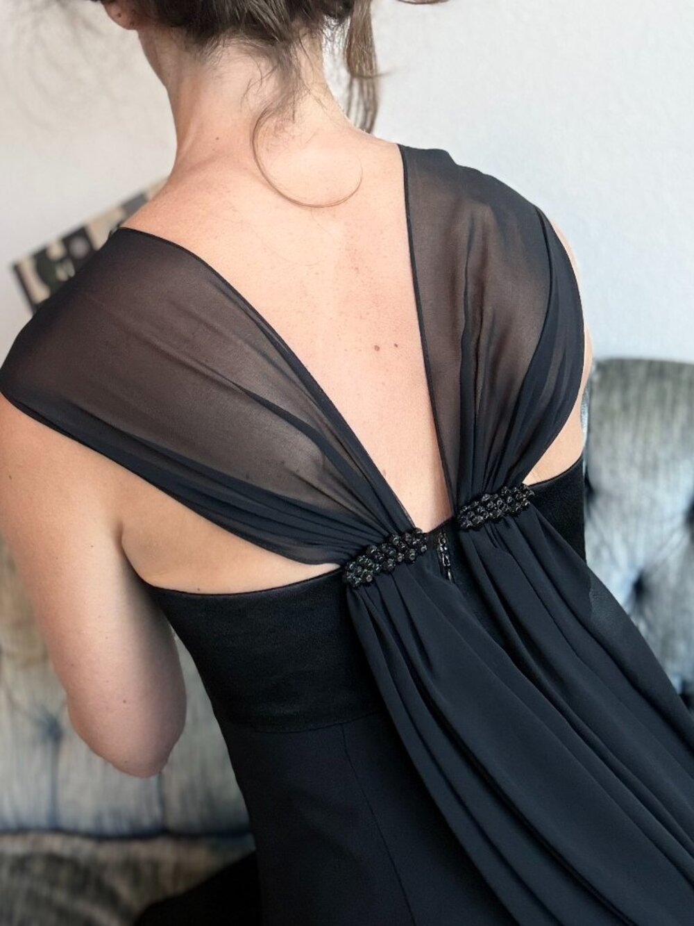 💝SOLD💝 Vintage Black Cocktail Dress Sheer Open Back Fit Flare 2 Chiffon - Picture 2 of 12